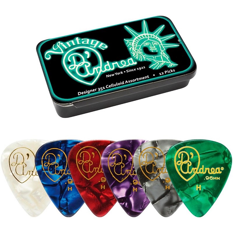 D’Andrea 351 Vintage Designer Celluloid Picks – Assorted Pearloid – 1 Dozen Medium