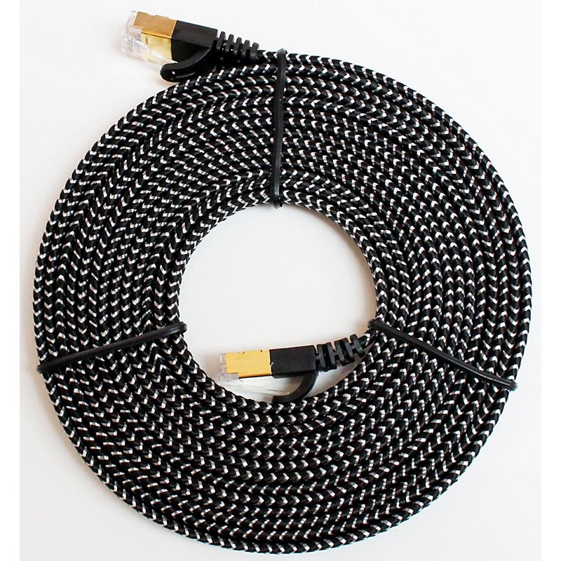 Tera Grand CAT7 10 Gigabit Ethernet Ultra Flat Braided Cable, Black/White 12 ft. Black and White