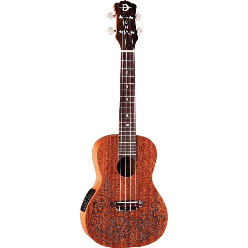 Luna Mo’o Mahogany Acoustic/Electric Concert Ukulele w/ Lizard Graphic & Gig Bag – Satin Natural (UKE MO EL)