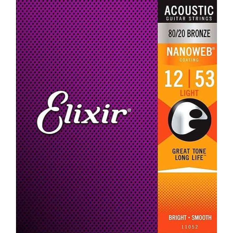 Elixir  11052 Nanoweb 80/20 Bronze Acoustic Guitar Strings – Light (12-53)