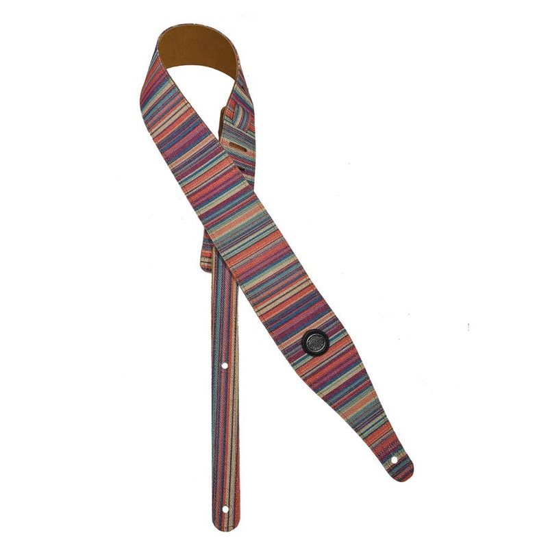Peace Series Guitar strap, linen colourfull design with suede back, purple stripes