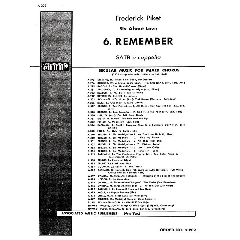 Associated Remember 6 About Love SATB composed by F Picket